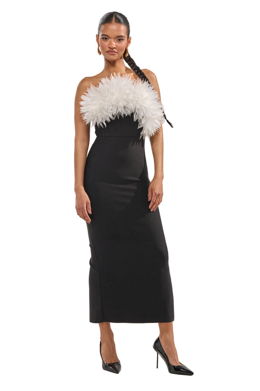 Georgie Girl Black Strapless Feather Detail Fitted Midi Dress