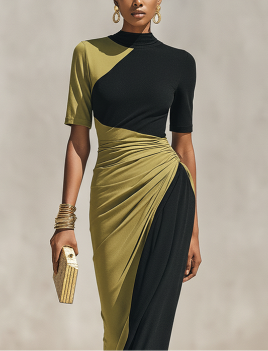 Georgie Girl Black & Olive Color-Block Mock Neck Maxi Dress
