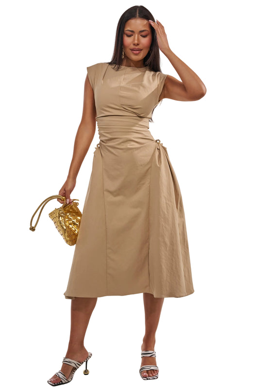 Georgie Girl Khaki Sleeveless High Neck Ruched Flare Midi Dress