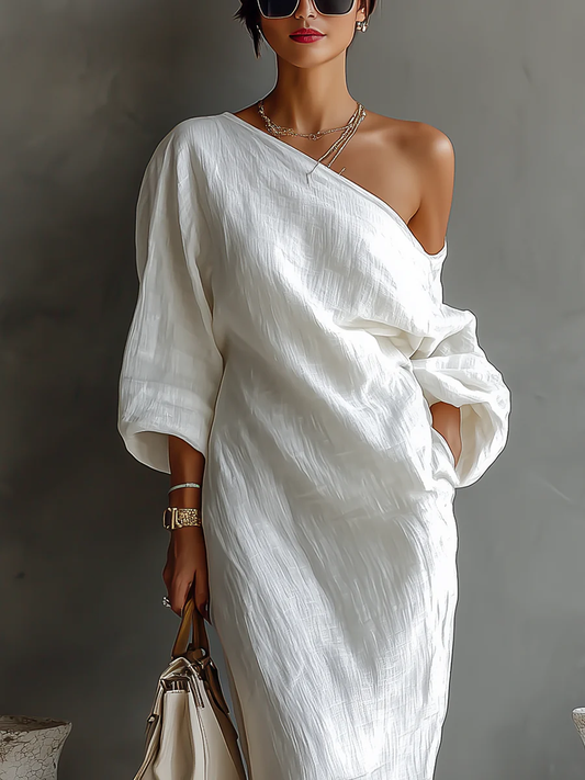 Georgie Girl White One-Shoulder Batwing Sleeve Maxi Dress