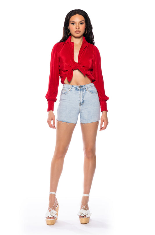 Georgie Girl Red Ribbed Collared Long Sleeve Tie Front Bodysuit