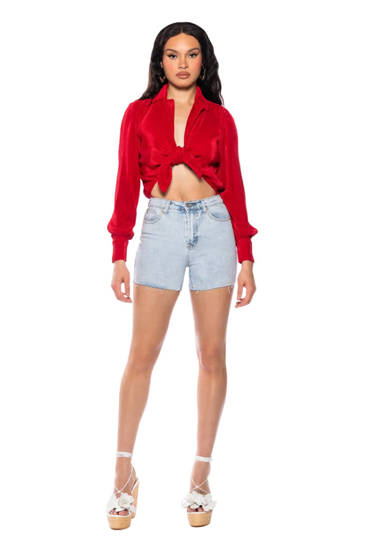 Georgie Girl Red Ribbed Collared Long Sleeve Tie Front Bodysuit