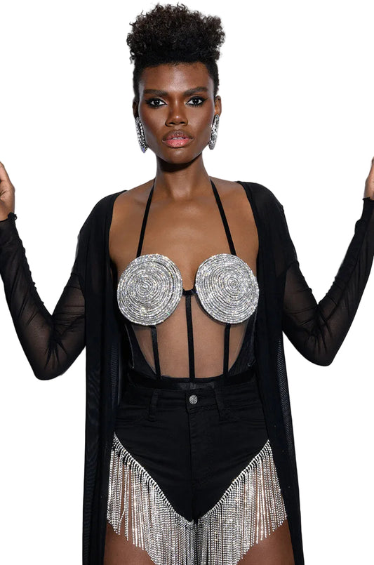 Georgie Girl Black Mesh Rhinestone Disc Harness Strap Bodysuit