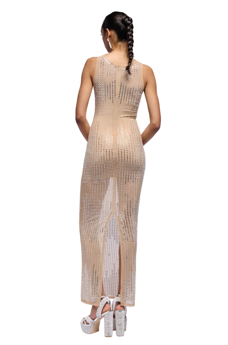 Georgie Girl Nude Rhinestone Mesh Sleeveless Sheer Maxi Dress