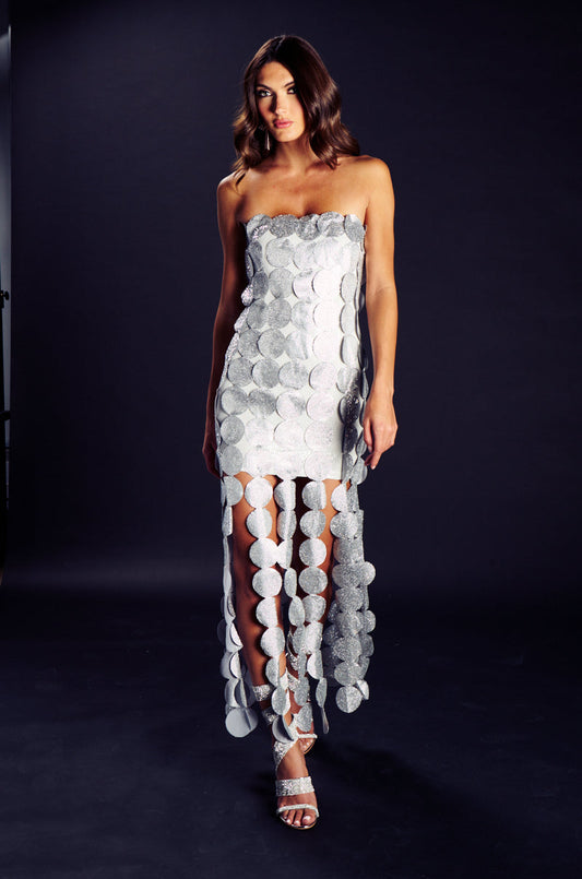 Georgie Girl Silver Strapless Disc Sequin Embellished Maxi Dress