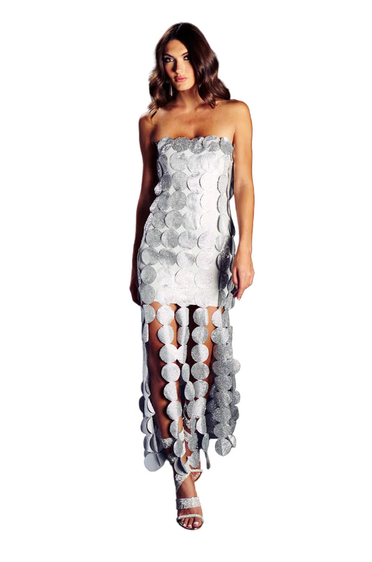 Georgie Girl Silver Strapless Disc Sequin Embellished Maxi Dress