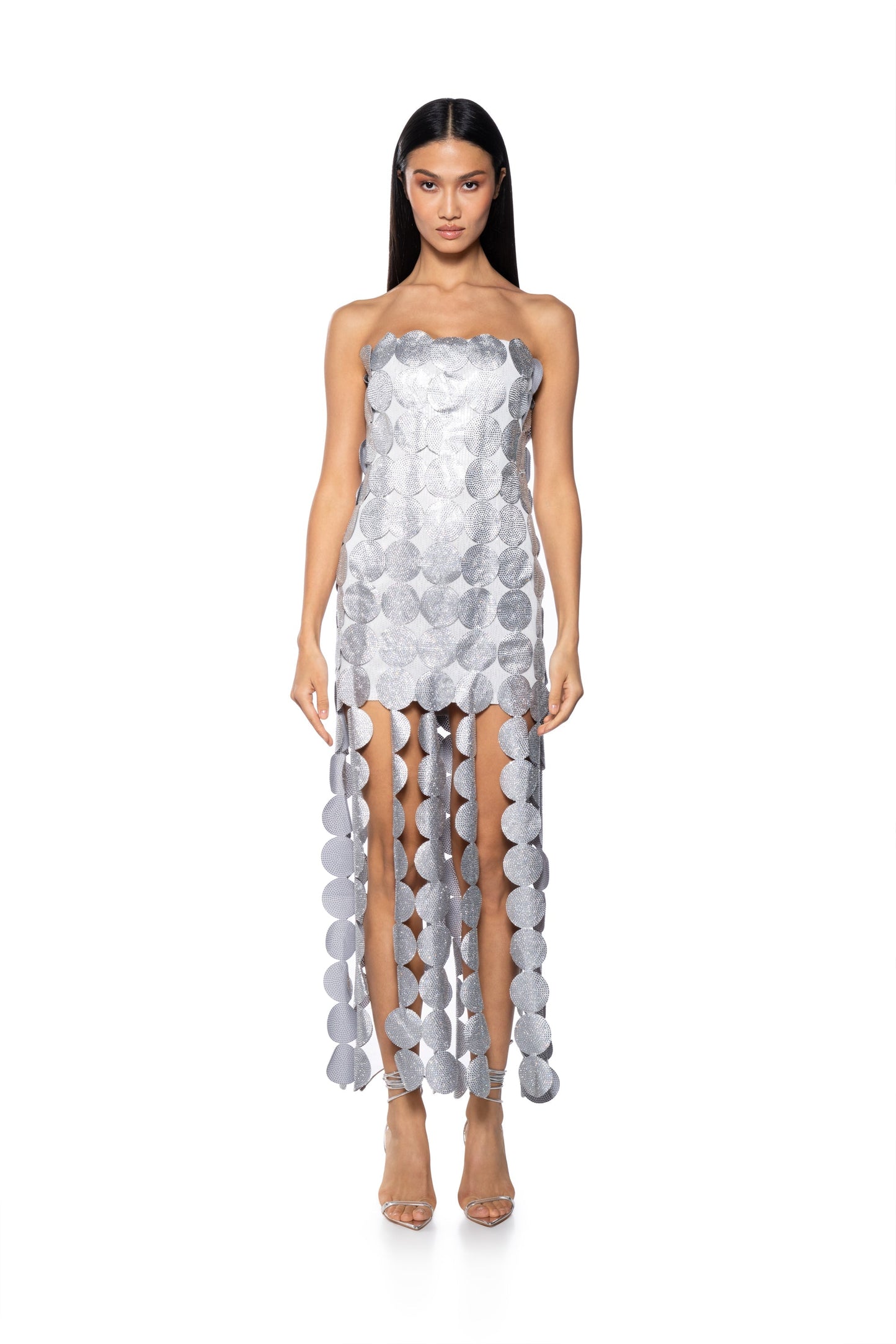 Georgie Girl Silver Strapless Disc Sequin Embellished Maxi Dress