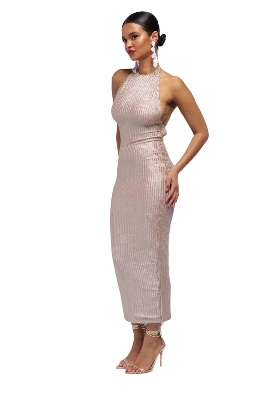 Georgie Girl Champagne Ribbed Knit Halter Neck Bodycon Midi Dress