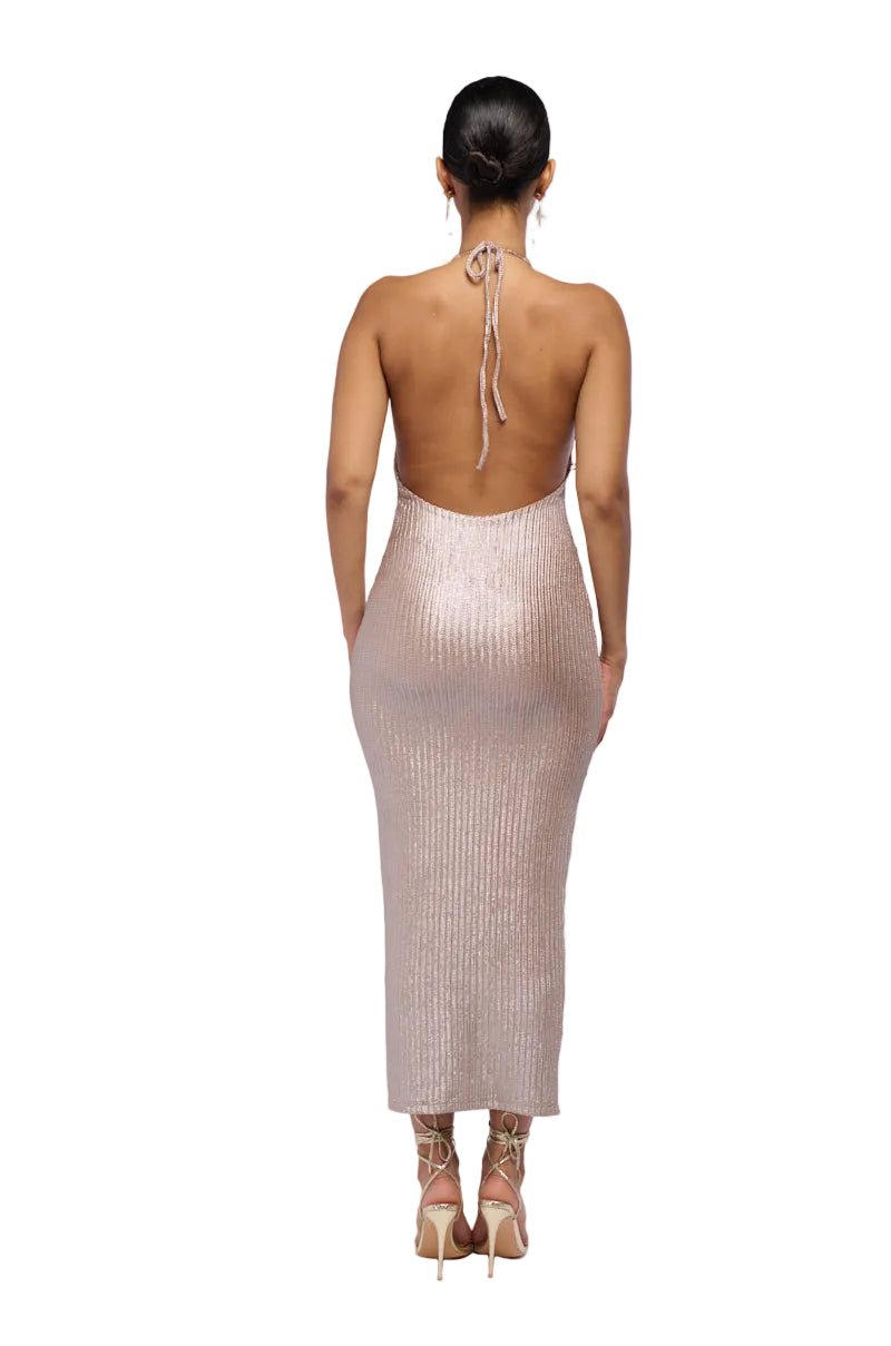Georgie Girl Champagne Ribbed Knit Halter Neck Bodycon Midi Dress