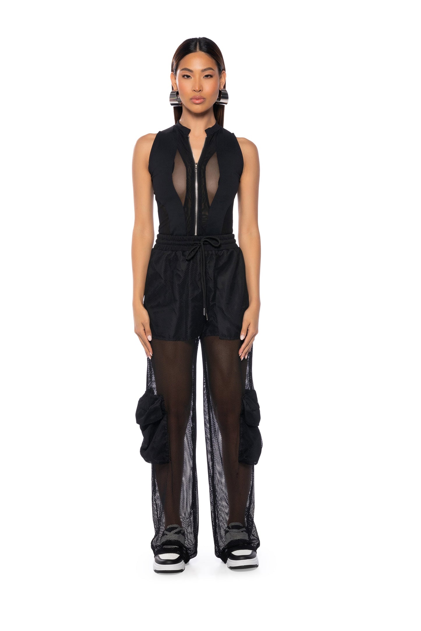 Georgie Girl Black Mesh Panel Zip Front Sleeveless Bodysuit