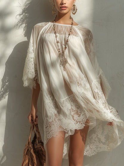 Georgie Girl White Lace-Trim Sheer Mini Dress