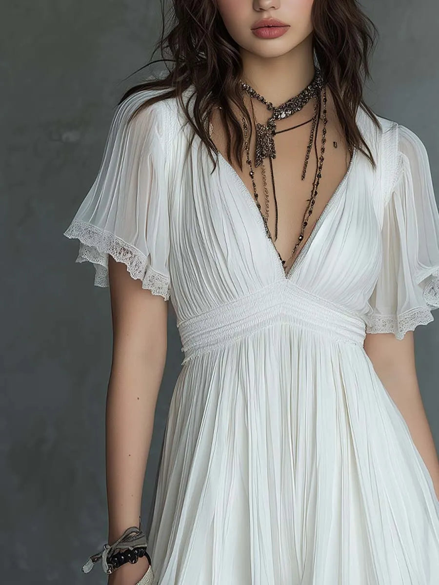Georgie Girl White Lace-Trim V-Neck Mini Dress