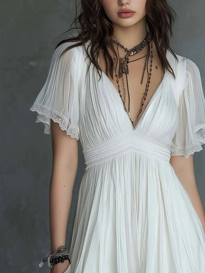 Georgie Girl White Lace-Trim V-Neck Mini Dress