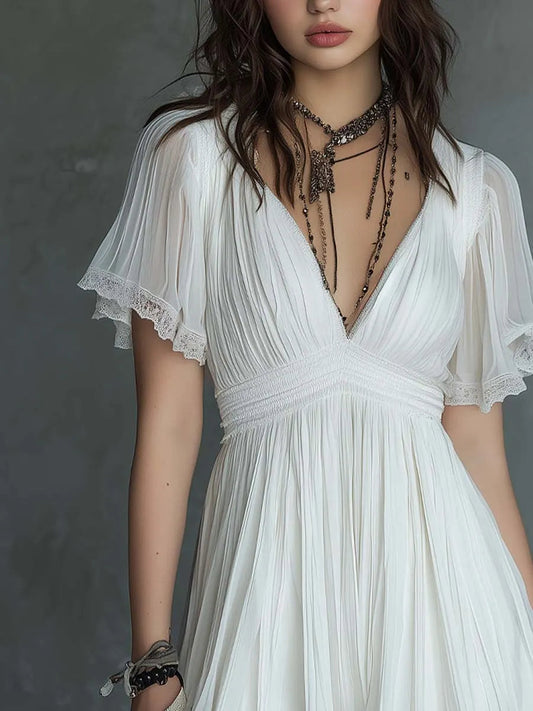 Georgie Girl White Lace-Trim V-Neck Mini Dress