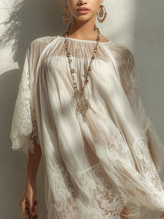Georgie Girl White Lace-Trim Sheer Mini Dress