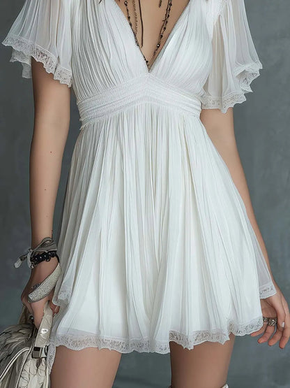 Georgie Girl White Lace-Trim V-Neck Mini Dress