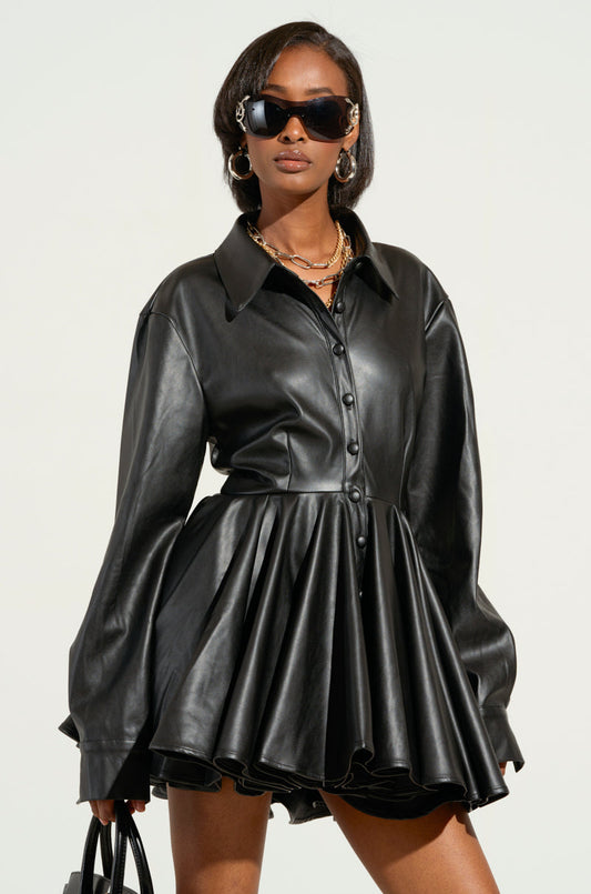 Georgie Girl Black PU Long Sleeve Button Up Pleated Mini Dress