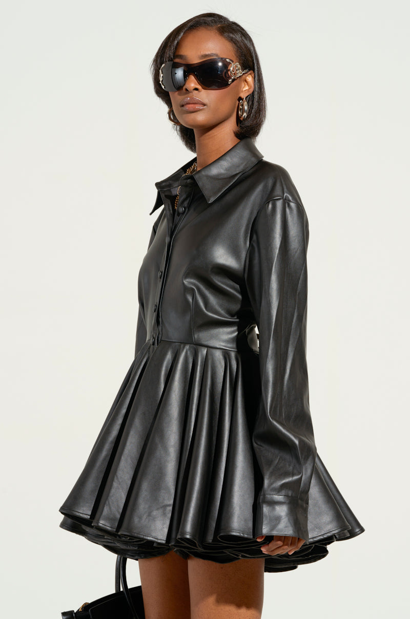 Georgie Girl Black PU Long Sleeve Button Up Pleated Mini Dress