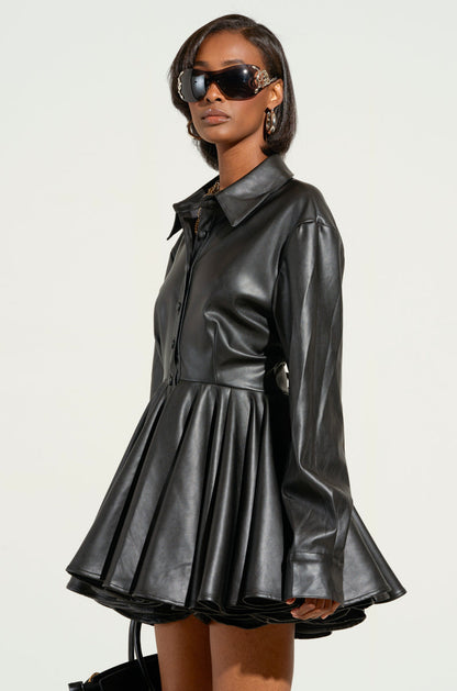 Georgie Girl Black PU Long Sleeve Button Up Pleated Mini Dress