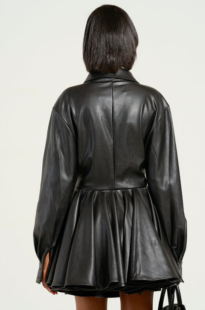 Georgie Girl Black PU Long Sleeve Button Up Pleated Mini Dress