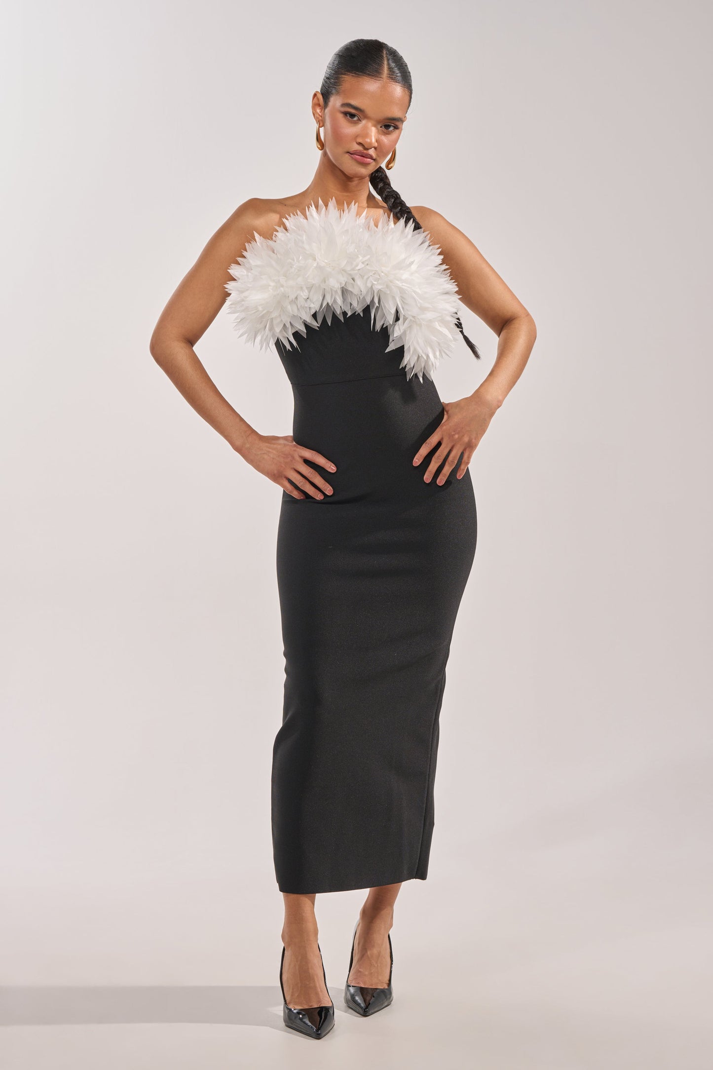 Georgie Girl Black Strapless Feather Detail Fitted Midi Dress