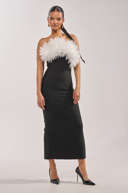 Georgie Girl Black Strapless Feather Detail Fitted Midi Dress