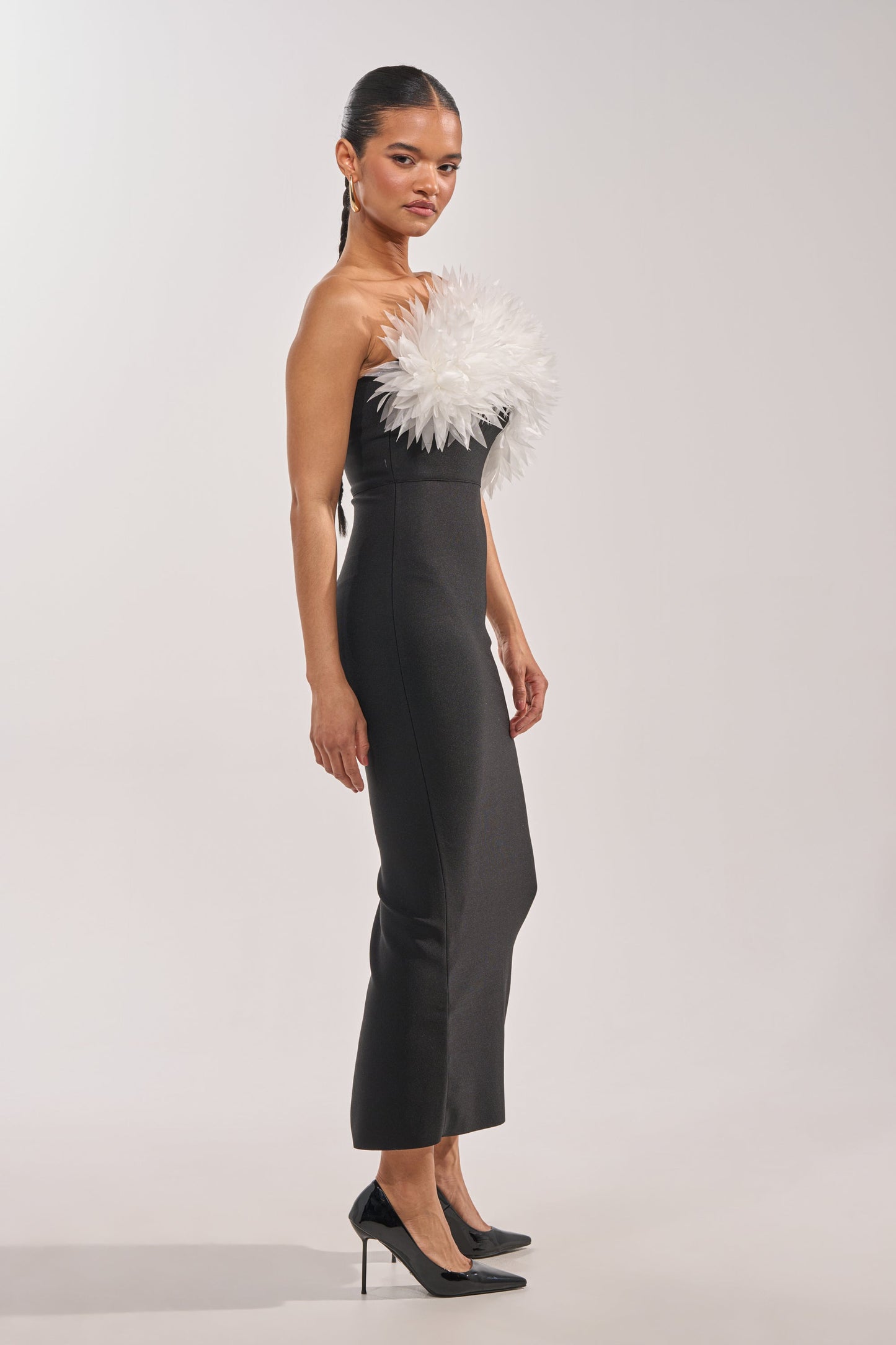 Georgie Girl Black Strapless Feather Detail Fitted Midi Dress