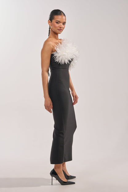 Georgie Girl Black Strapless Feather Detail Fitted Midi Dress