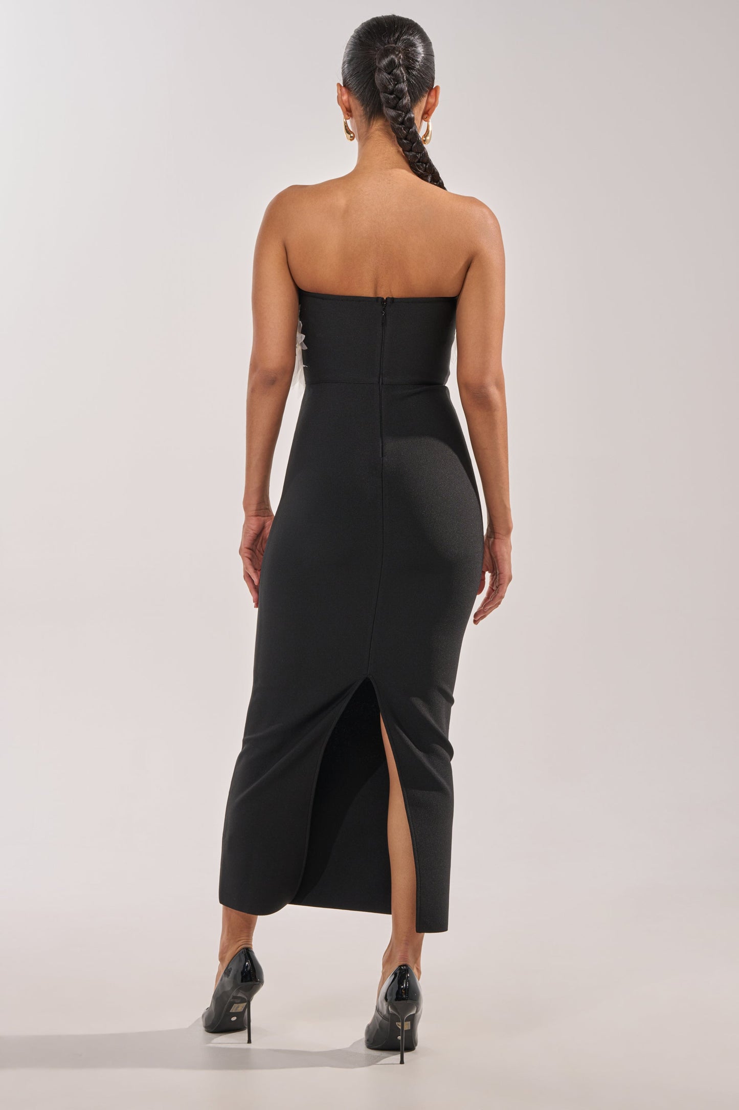 Georgie Girl Black Strapless Feather Detail Fitted Midi Dress