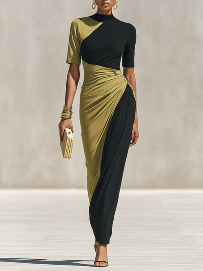 Georgie Girl Black & Olive Color-Block Mock Neck Maxi Dress