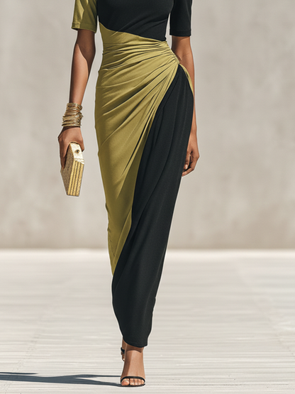 Georgie Girl Black & Olive Color-Block Mock Neck Maxi Dress