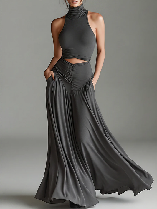 Georgie Girl Grey Turtleneck Halter Cutout Maxi Dress
