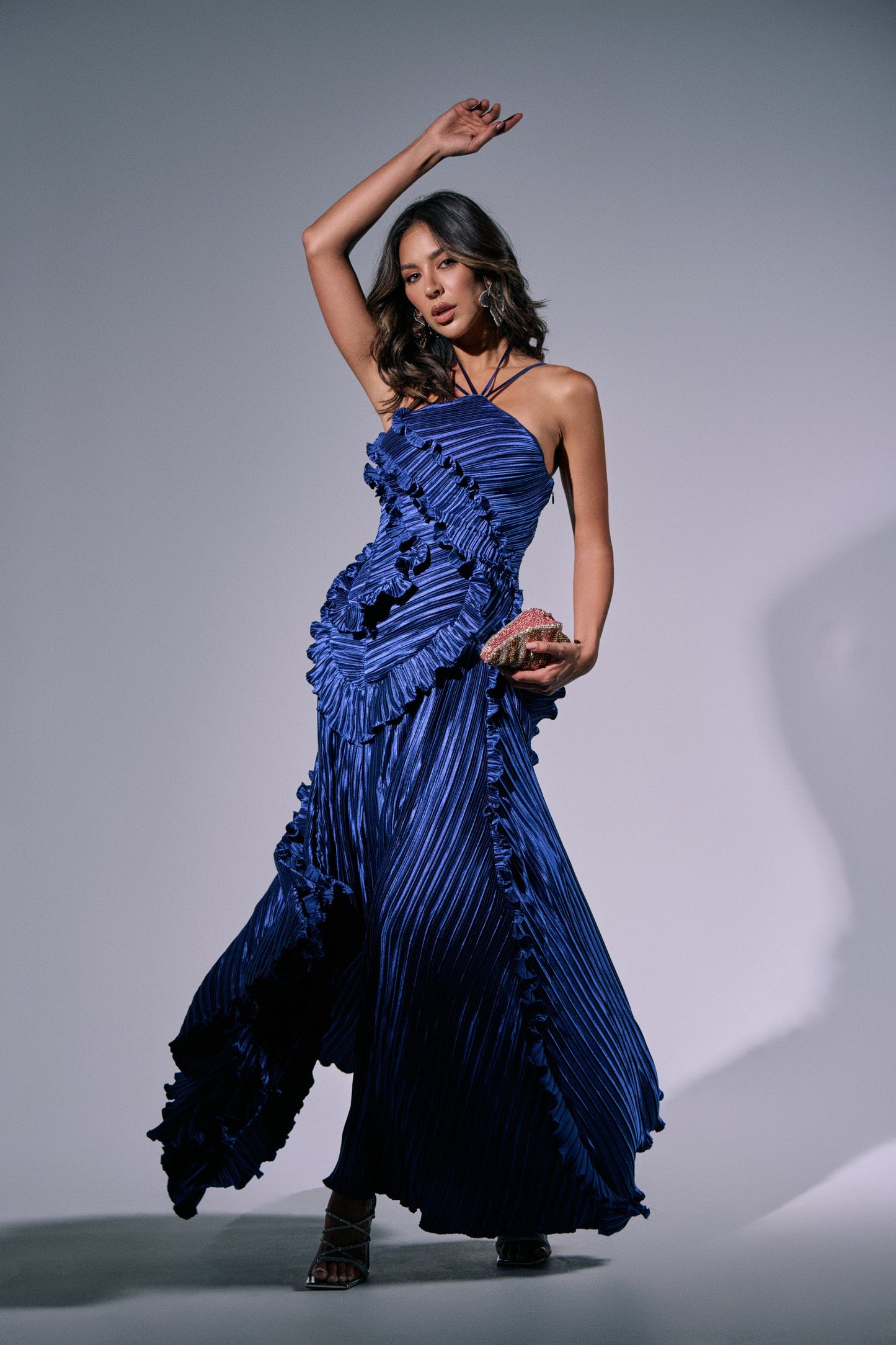 Georgie Girl Blue Halter Neck Tiered Ruffle Pleated Maxi Dress