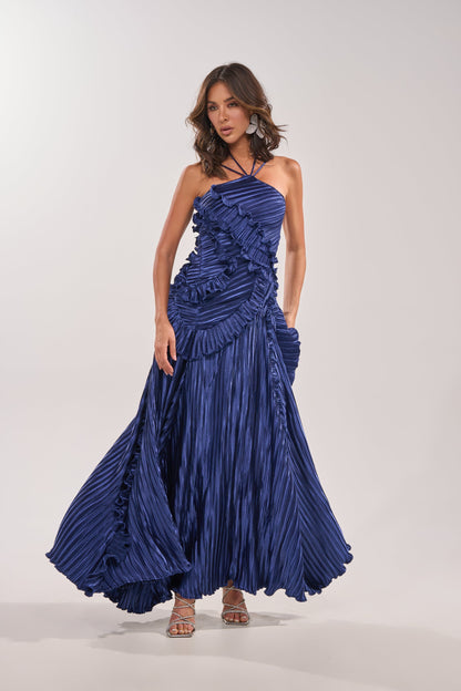 Georgie Girl Blue Halter Neck Tiered Ruffle Pleated Maxi Dress