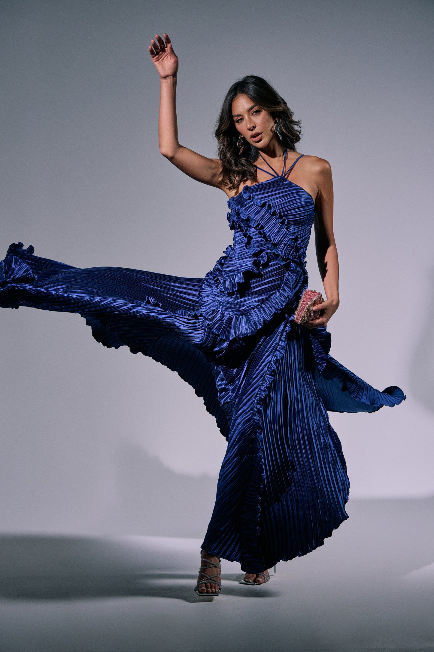 Georgie Girl Blue Halter Neck Tiered Ruffle Pleated Maxi Dress