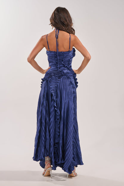 Georgie Girl Blue Halter Neck Tiered Ruffle Pleated Maxi Dress