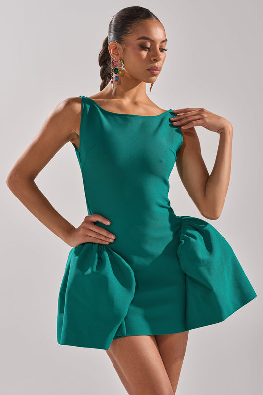 Georgie Girl Teal Sleeveless Boat Neck Bow Peplum Mini Dress