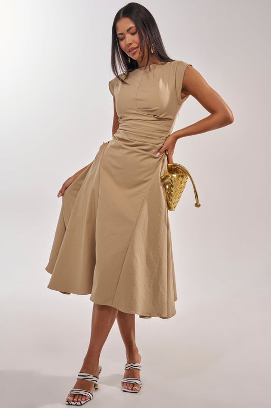 Georgie Girl Khaki Sleeveless High Neck Ruched Flare Midi Dress