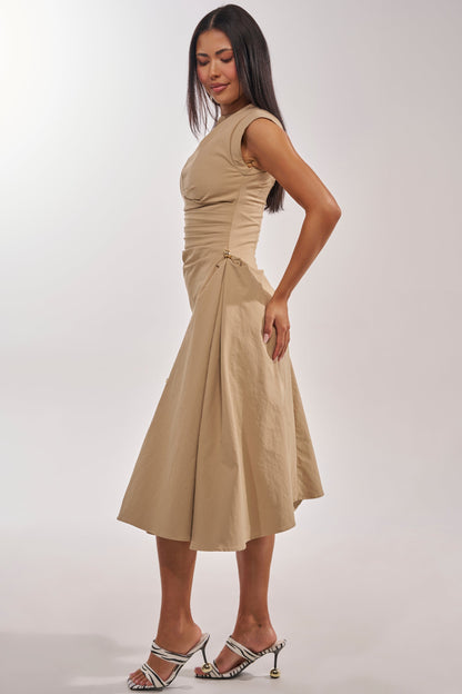 Georgie Girl Khaki Sleeveless High Neck Ruched Flare Midi Dress