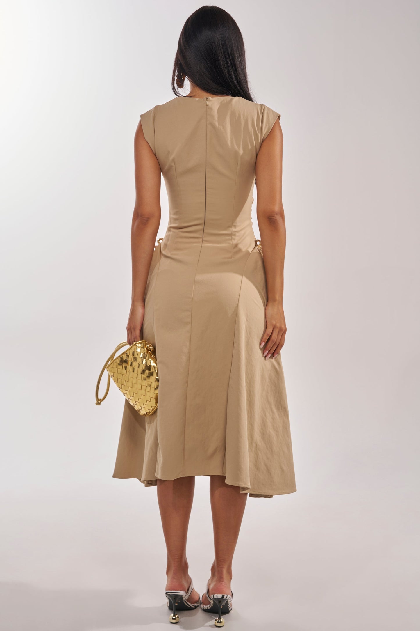 Georgie Girl Khaki Sleeveless High Neck Ruched Flare Midi Dress