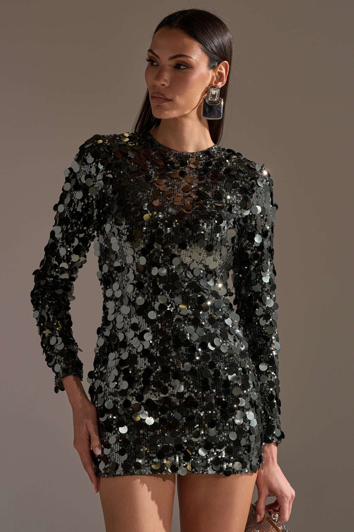 Georgie Girl Olive Long Sleeve Disc Sequin Bodycon Mini Dress