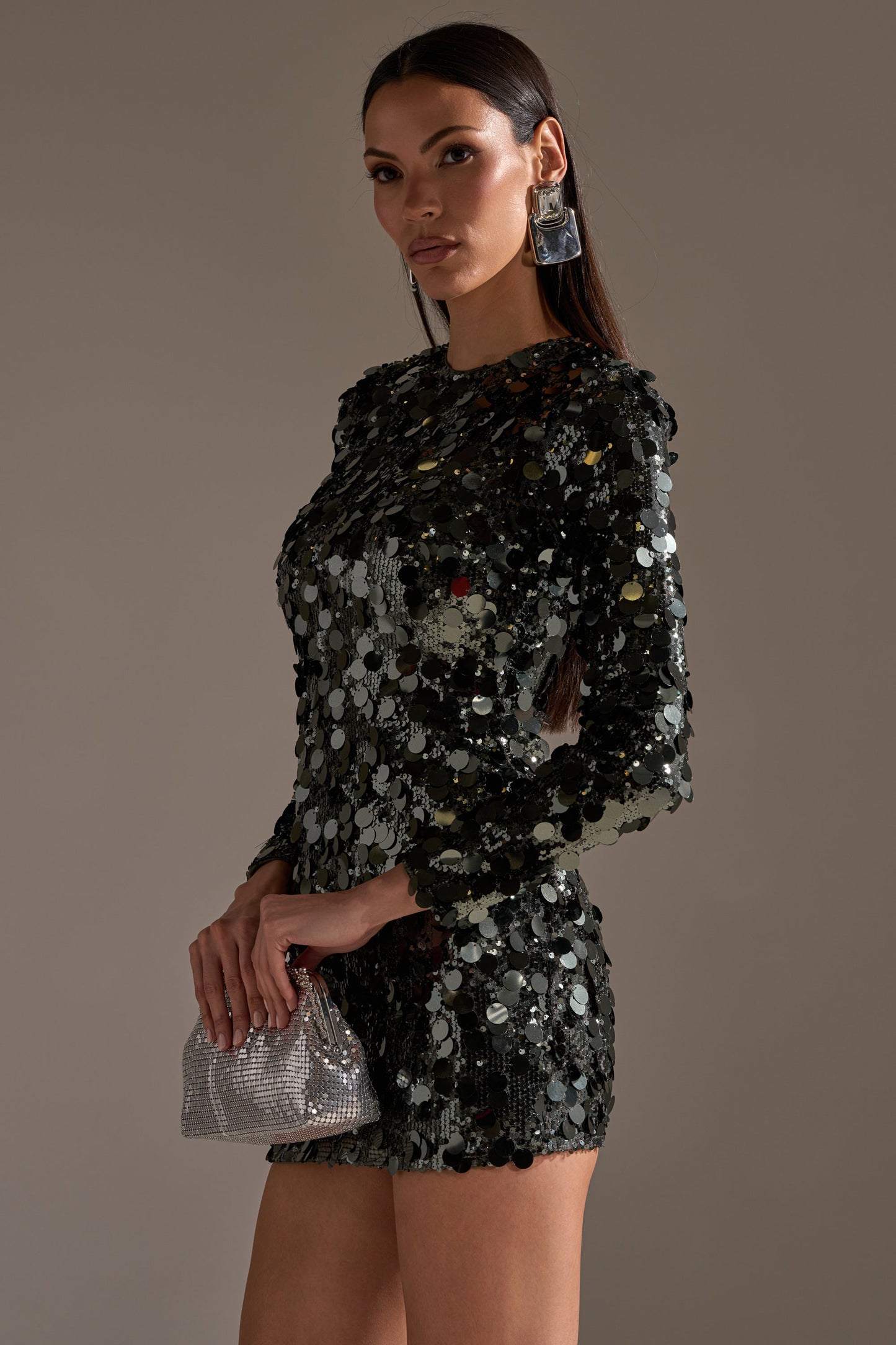 Georgie Girl Olive Long Sleeve Disc Sequin Bodycon Mini Dress