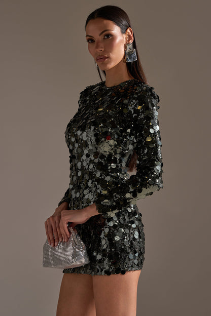 Georgie Girl Olive Long Sleeve Disc Sequin Bodycon Mini Dress