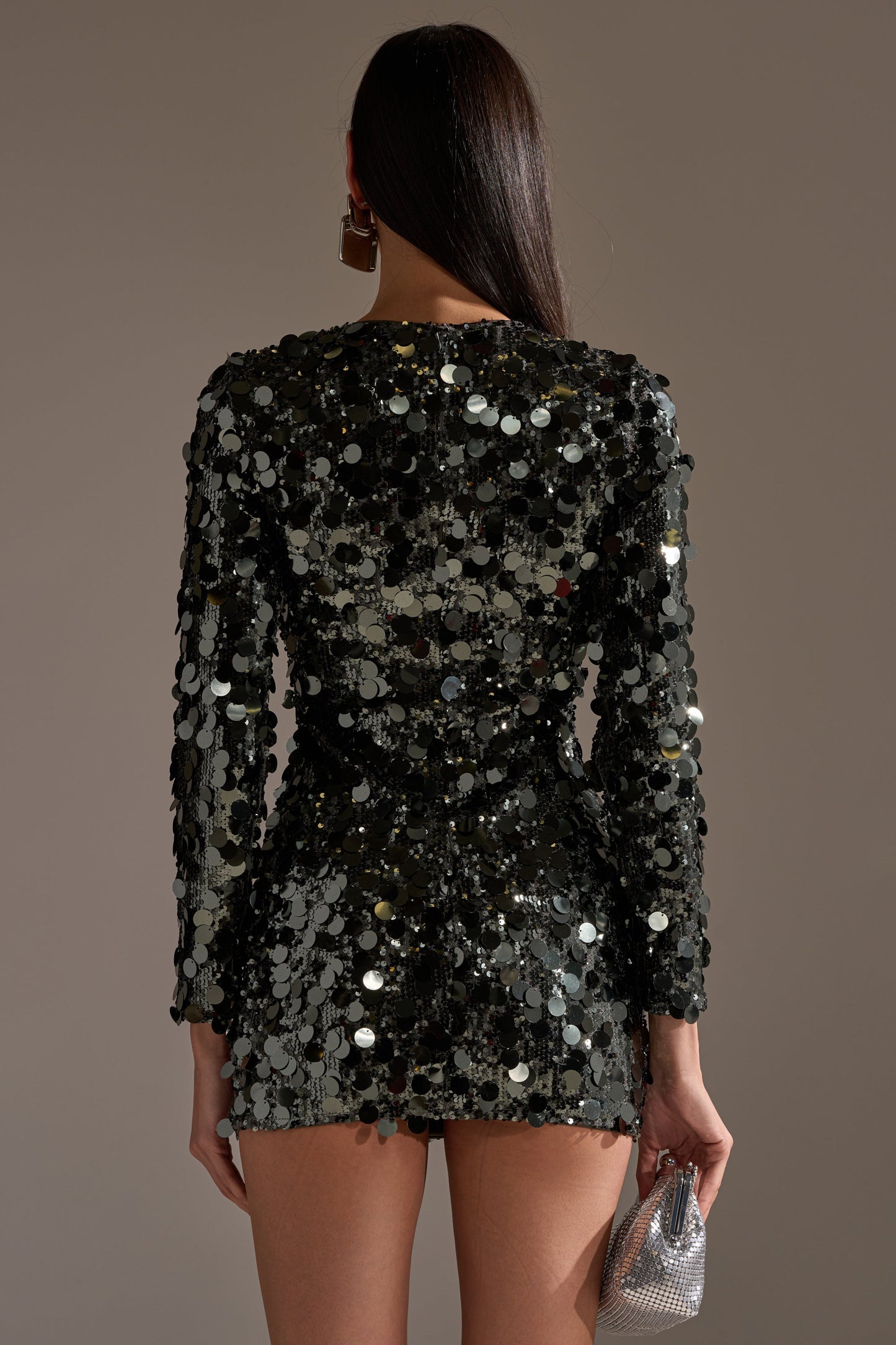 Georgie Girl Olive Long Sleeve Disc Sequin Bodycon Mini Dress