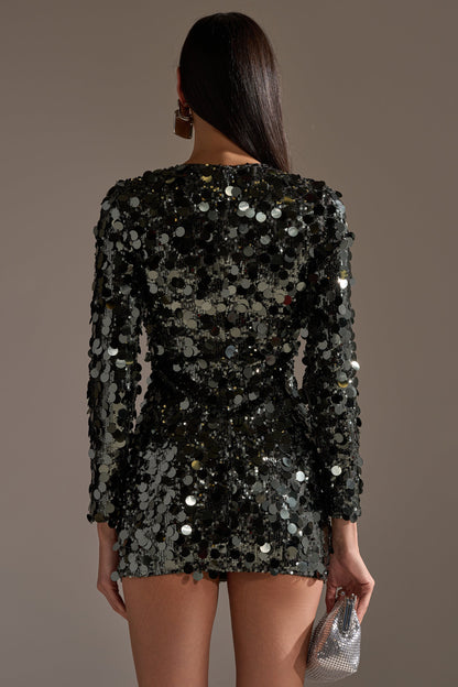 Georgie Girl Olive Long Sleeve Disc Sequin Bodycon Mini Dress