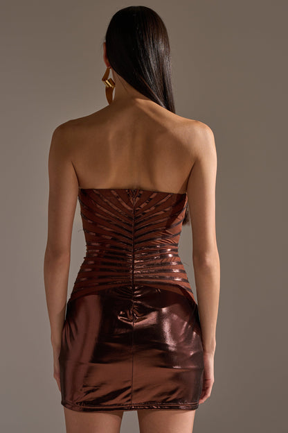 Georgie Girl Bronze Metallic Strapless Sweetheart Ruched Mini Dress