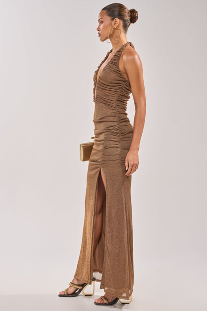 Georgie Girl Brown Metallic Halter Plunge Ruched Slit Maxi Dress