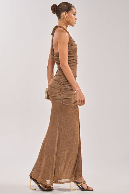 Georgie Girl Brown Metallic Halter Plunge Ruched Slit Maxi Dress
