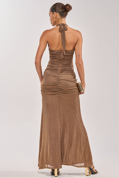 Georgie Girl Brown Metallic Halter Plunge Ruched Slit Maxi Dress