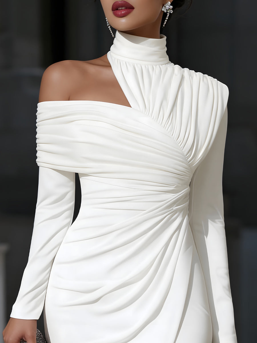 Georgie Girl White One-Shoulder Draped High-Neck Midi Dress